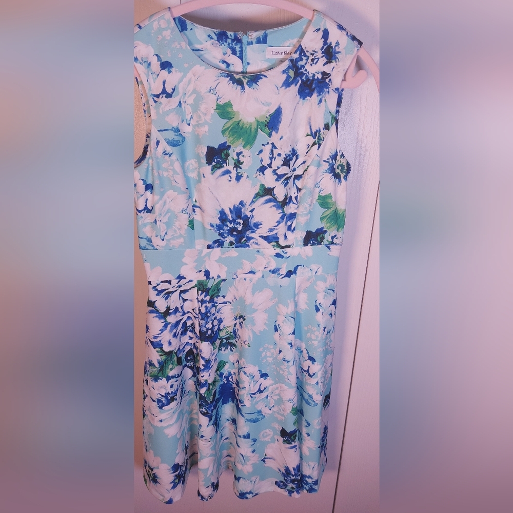Calvin Klein Floral Sleeveless Fit and Flare Dress Size 8 Green Blue Sea Glass - Picture 6 of 14